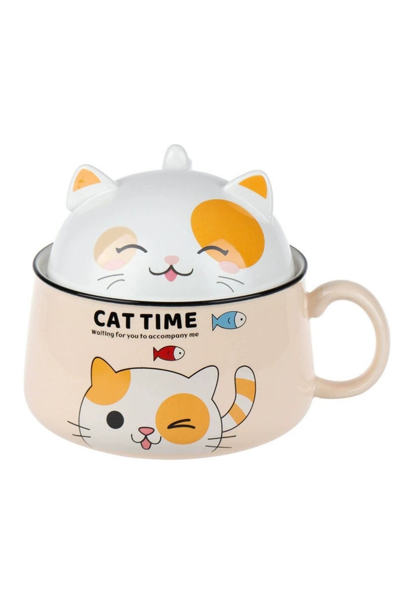 هانغهايجيا أطباق رامين فورية على شكل قطة لطيفة مع غطاء ومقبض ، تصميم ذكي لوعاء حساء كبير الحجم بسعة 1020 ملليلتر مصنوع من السيراميك وآمن للاستخدام في الميكروويف - Image 1