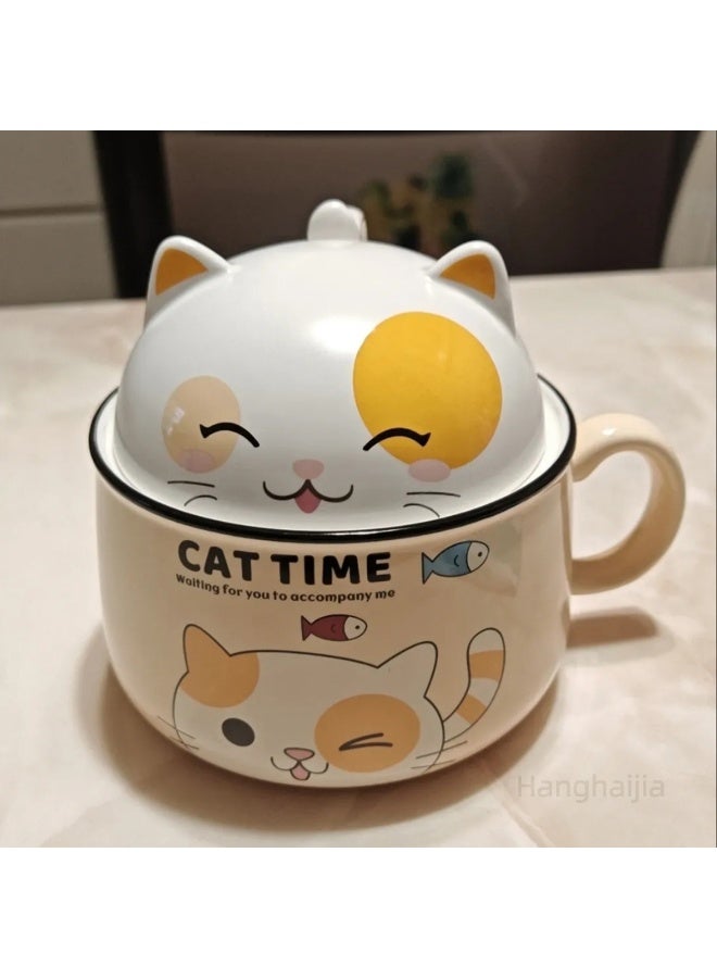 هانغهايجيا أطباق رامين فورية على شكل قطة لطيفة مع غطاء ومقبض ، تصميم ذكي لوعاء حساء كبير الحجم بسعة 1020 ملليلتر مصنوع من السيراميك وآمن للاستخدام في الميكروويف - Image 4