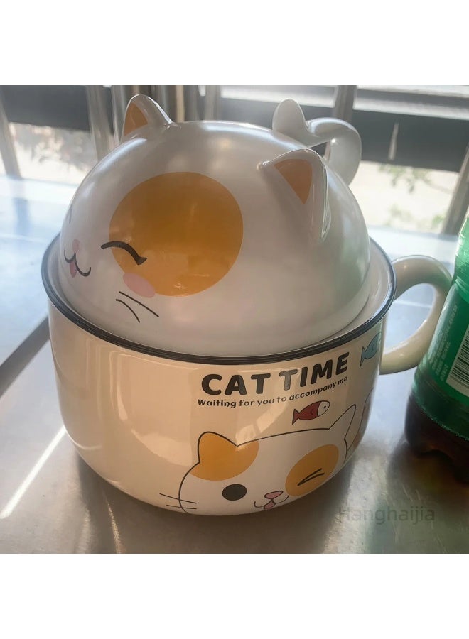 هانغهايجيا أطباق رامين فورية على شكل قطة لطيفة مع غطاء ومقبض ، تصميم ذكي لوعاء حساء كبير الحجم بسعة 1020 ملليلتر مصنوع من السيراميك وآمن للاستخدام في الميكروويف - Image 3