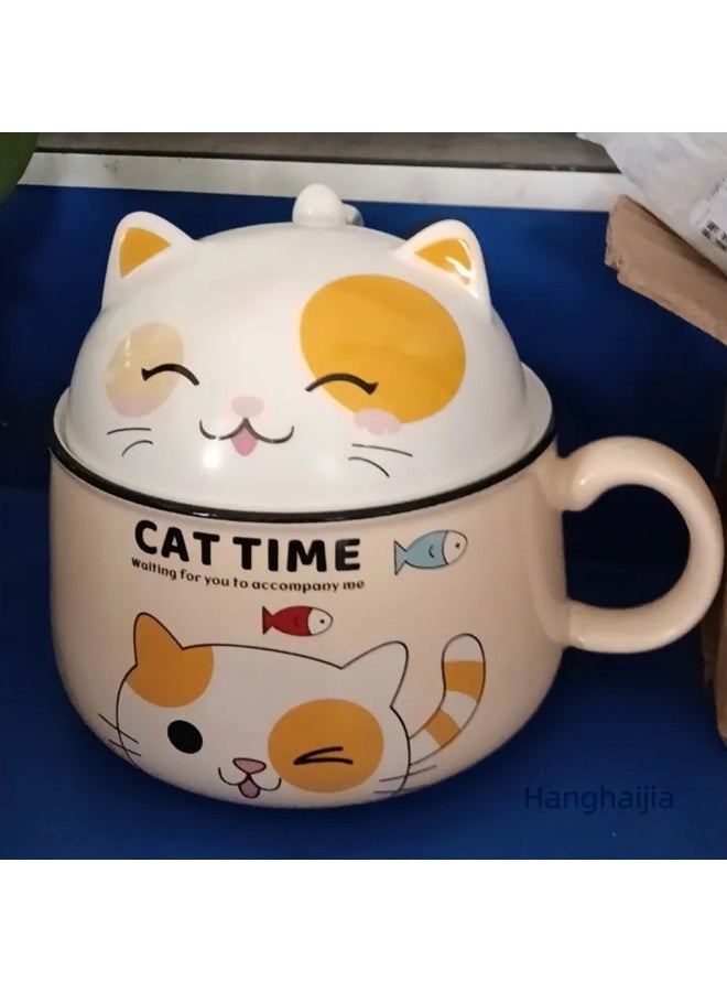 هانغهايجيا أطباق رامين فورية على شكل قطة لطيفة مع غطاء ومقبض ، تصميم ذكي لوعاء حساء كبير الحجم بسعة 1020 ملليلتر مصنوع من السيراميك وآمن للاستخدام في الميكروويف - Image 5