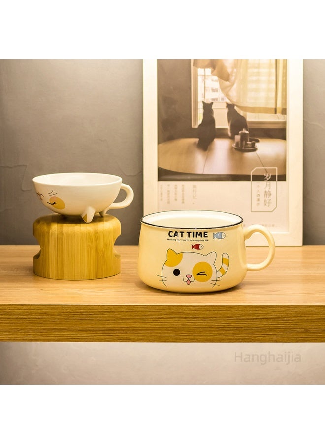 هانغهايجيا أطباق رامين فورية على شكل قطة لطيفة مع غطاء ومقبض ، تصميم ذكي لوعاء حساء كبير الحجم بسعة 1020 ملليلتر مصنوع من السيراميك وآمن للاستخدام في الميكروويف - Image 2