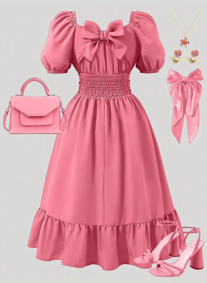 Take Two Girls Pink Puff Sleeve Pleated Ruffle Hem Midi Dress