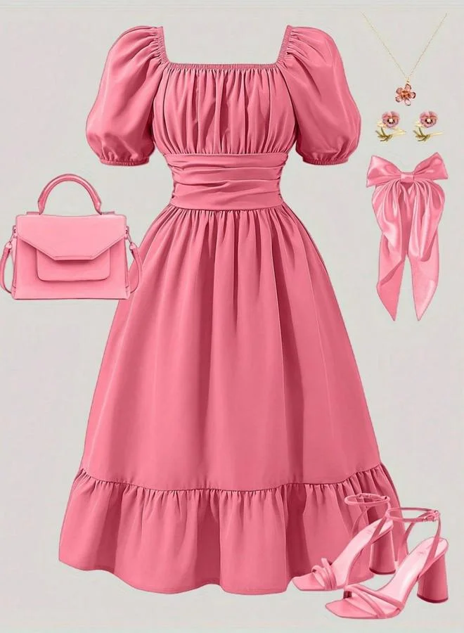 Take Two Girls Pink Puff Sleeve Pleated Ruffle Hem Midi Dress