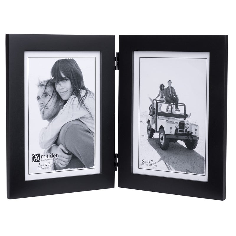 Malden Double Vertical 5x7 Picture Frame  Wide Real Wood Molding Real Glass  Black