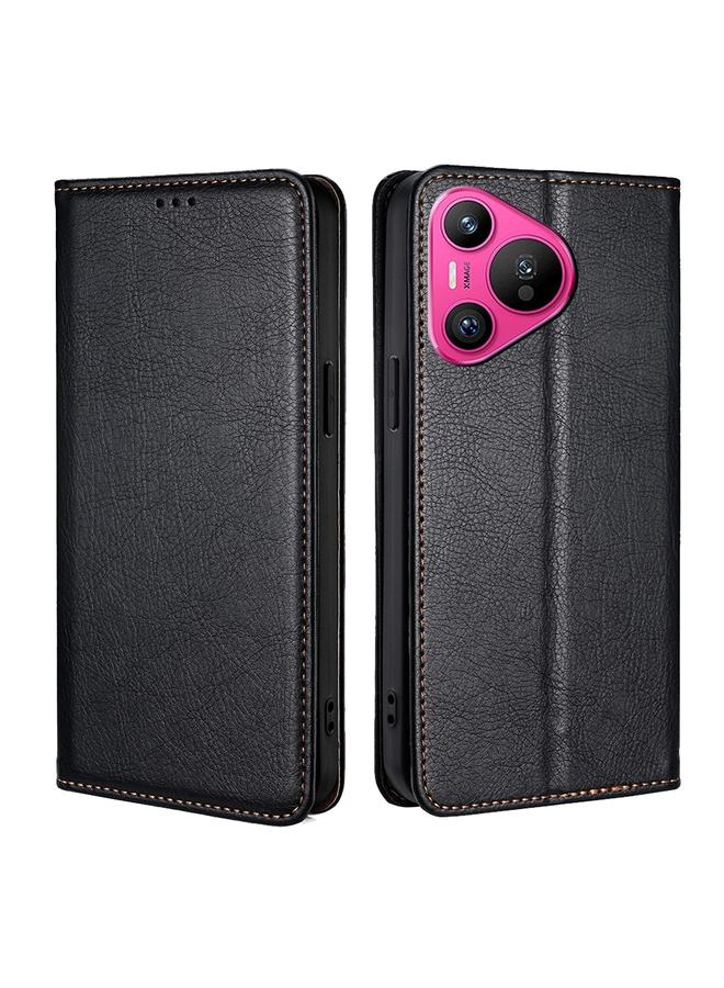 زبون جراب لهاتف Huawei Pura 70، جراب هاتف جلدي مغناطيسي بلون سادة لامع وزيتي - Image 1