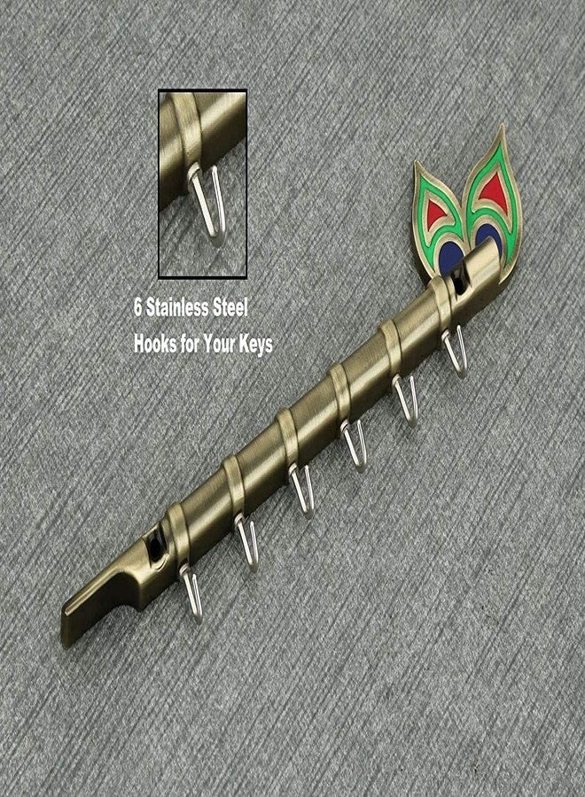 Indeed Krishna Flute & Peacock Quills Key Stand | Key Holder for Home & Office Antique Brass | 6 Pin Key Hanging Hooks | Wall Hook Stand (Small 6 Hook) - Image 2