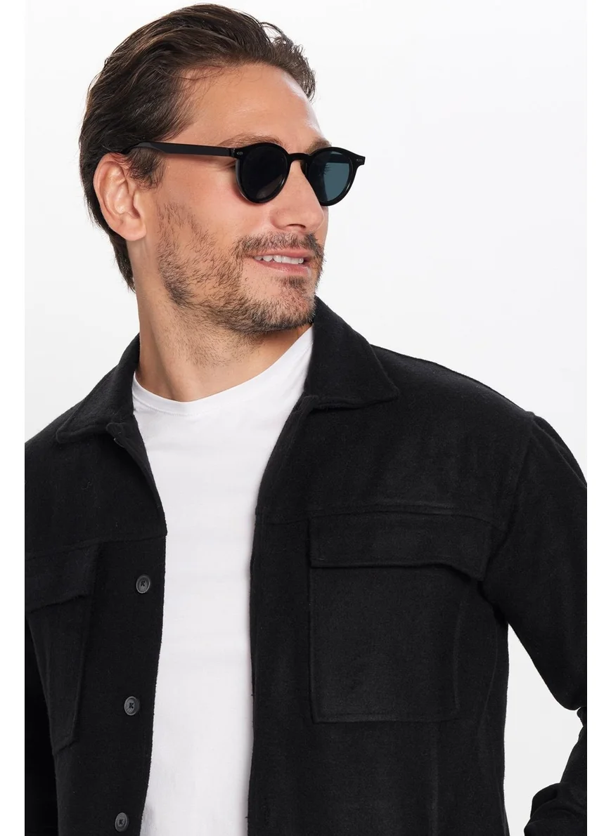 Tudors Men's Relax Fit Casual Cut Pocket Plain Collar Black Coat Shirt
