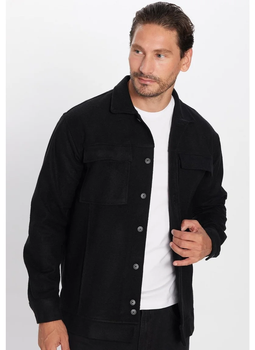 Tudors Men's Relax Fit Casual Cut Pocket Plain Collar Black Coat Shirt