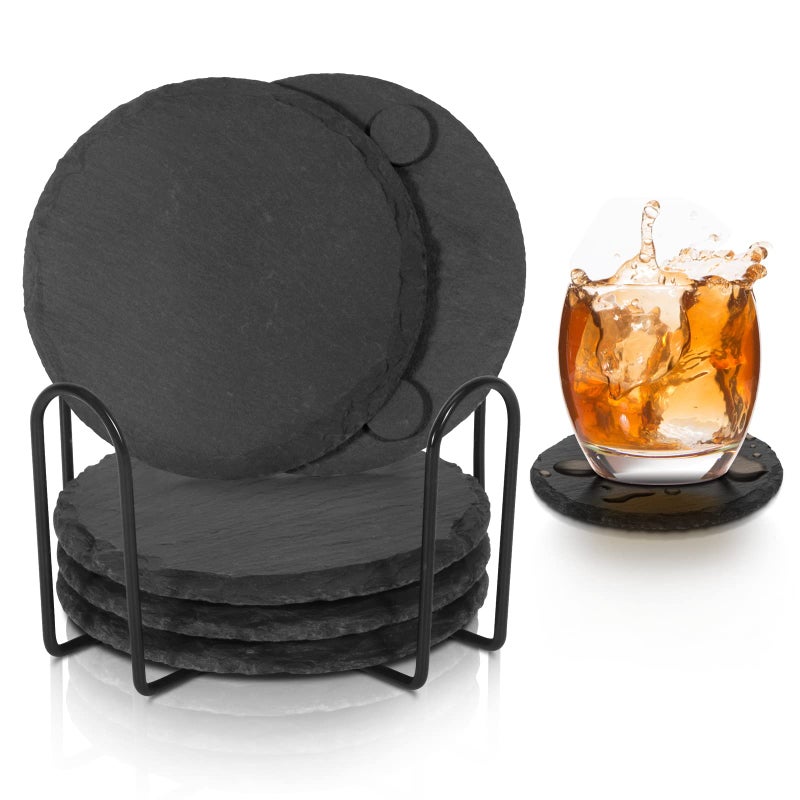GLCON Black Slate Coasters for Drinks - Set of 6 - Anti-Scratch Drink Coasters with Holder - Natural Stone Coasters Bulk, Unique DIY Crafts - Cup Coaster Set for Home Decor, Bar, Coffee, Table - Image 1