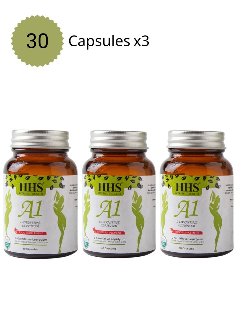 HHS A1 L-carnitine Lepidium - Herbal Weight Loss Food Supplement 30 Capsules pack of 3 - Image 1