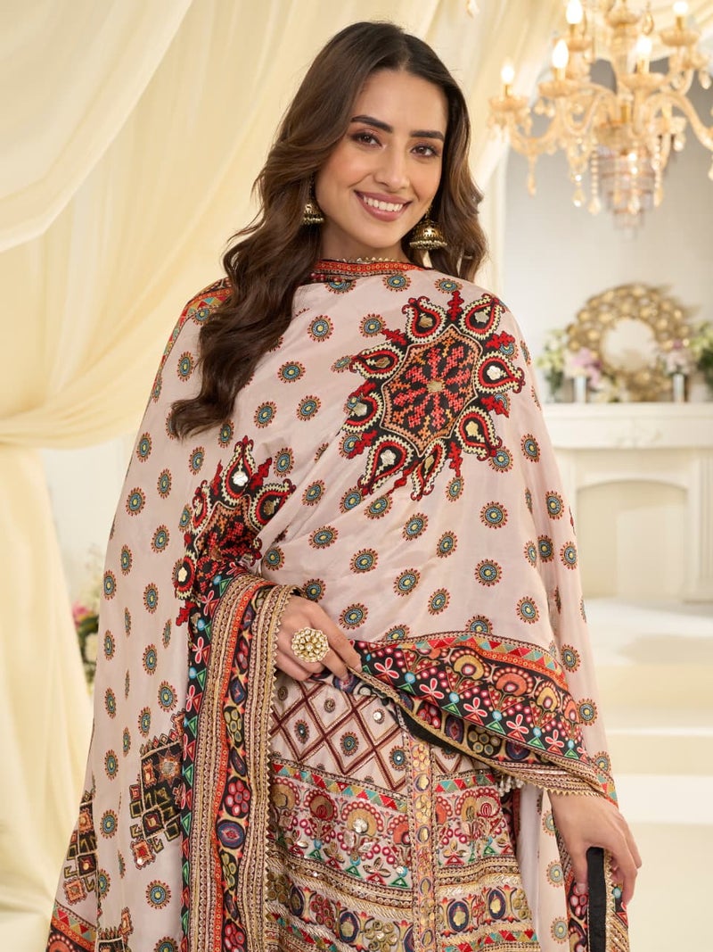 ANAITA White Crep Silk Free Size Stitched Suit with Aari & Digital Print Work - Image 3