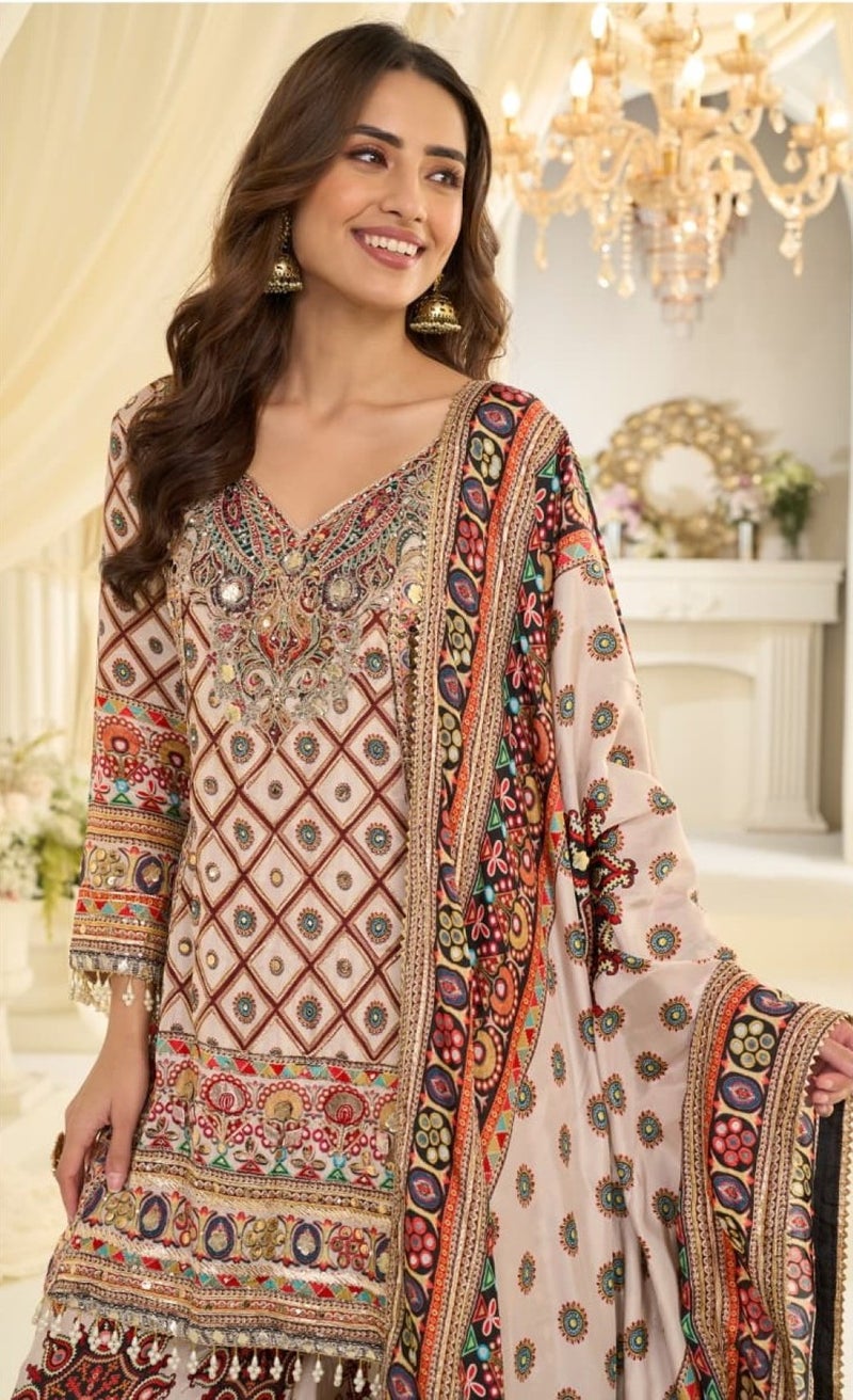 ANAITA White Crep Silk Free Size Stitched Suit with Aari & Digital Print Work - Image 2