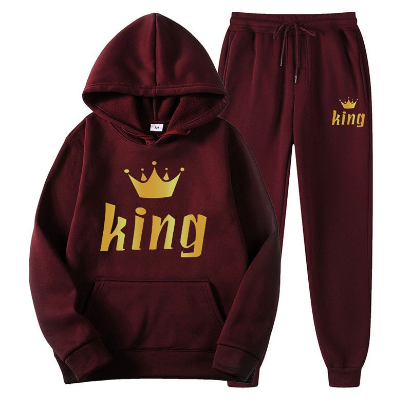 Couples Hoodie  Sweatpants Set Autumn Wine red-king 