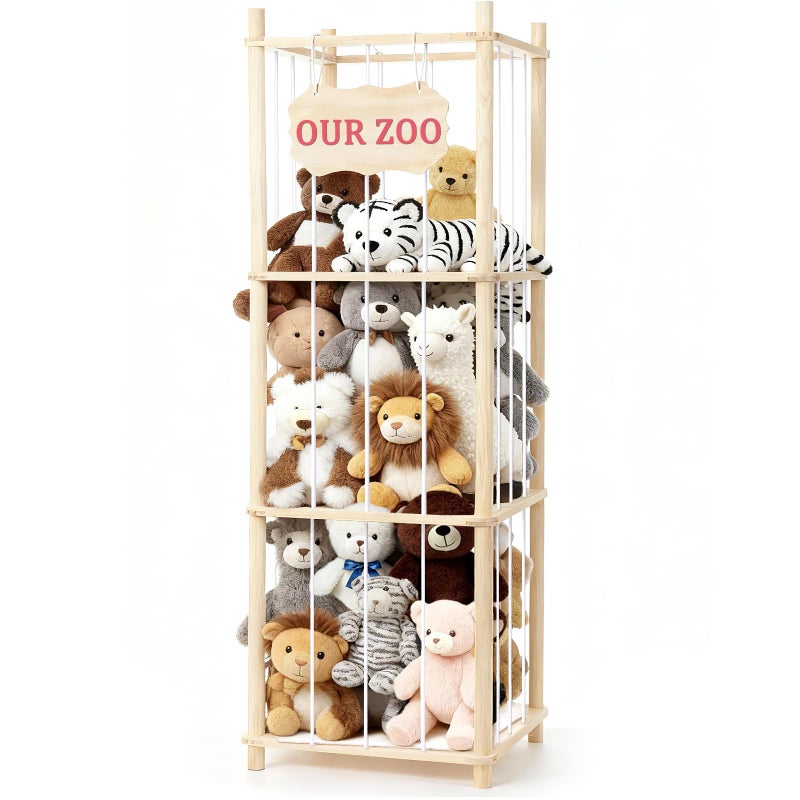 Linidcoud Stuffed Animal Storage & Organizer, Wooden Large Capacity Stuffed Animal Zoo with Elastic Cords, Sturdy Space-Saving Plushie Toy Shelf Cage Tower for Bedroom Playroom Nursery 54 in, Easy to Install - Image 1