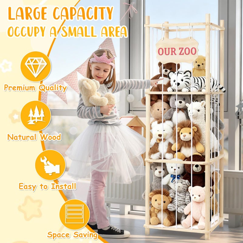 Linidcoud Stuffed Animal Storage & Organizer, Wooden Large Capacity Stuffed Animal Zoo with Elastic Cords, Sturdy Space-Saving Plushie Toy Shelf Cage Tower for Bedroom Playroom Nursery 54 in, Easy to Install - Image 4