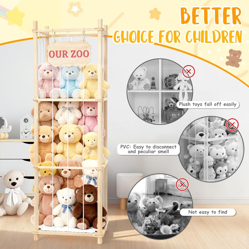 Linidcoud Stuffed Animal Storage & Organizer, Wooden Large Capacity Stuffed Animal Zoo with Elastic Cords, Sturdy Space-Saving Plushie Toy Shelf Cage Tower for Bedroom Playroom Nursery 54 in, Easy to Install - Image 3