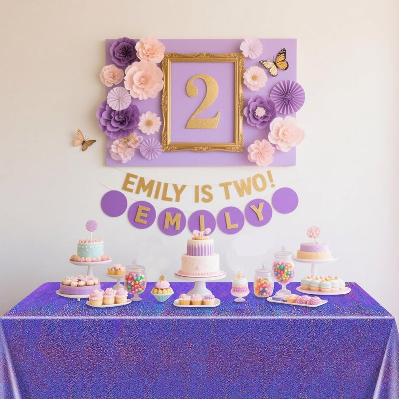 PTECDROTS 4Pcs Purple Holographic Tablecloths Rectangular Purple Iridescent Tablecloth Shimmer Metallic Table Covers for Butterfly Mermaid Party Birthday Wedding Christmas Holiday Party Decorations, 54x108Inch - Image 4