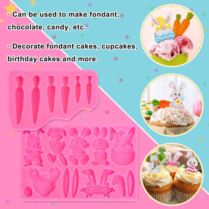 Whaline 2Pcs Easter Fondant Molds Cute Bunny Pattern 3D Silicone Moulds Assorted Rabbit Carrots Flowers Resin Molds Easter Cupcake Cookie Baking Decorating Moulds for Spring Holiday Party DIY Candy - Image 4
