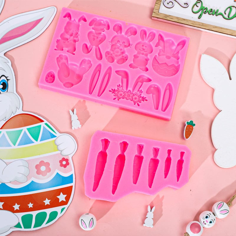 Whaline 2Pcs Easter Fondant Molds Cute Bunny Pattern 3D Silicone Moulds Assorted Rabbit Carrots Flowers Resin Molds Easter Cupcake Cookie Baking Decorating Moulds for Spring Holiday Party DIY Candy - Image 5