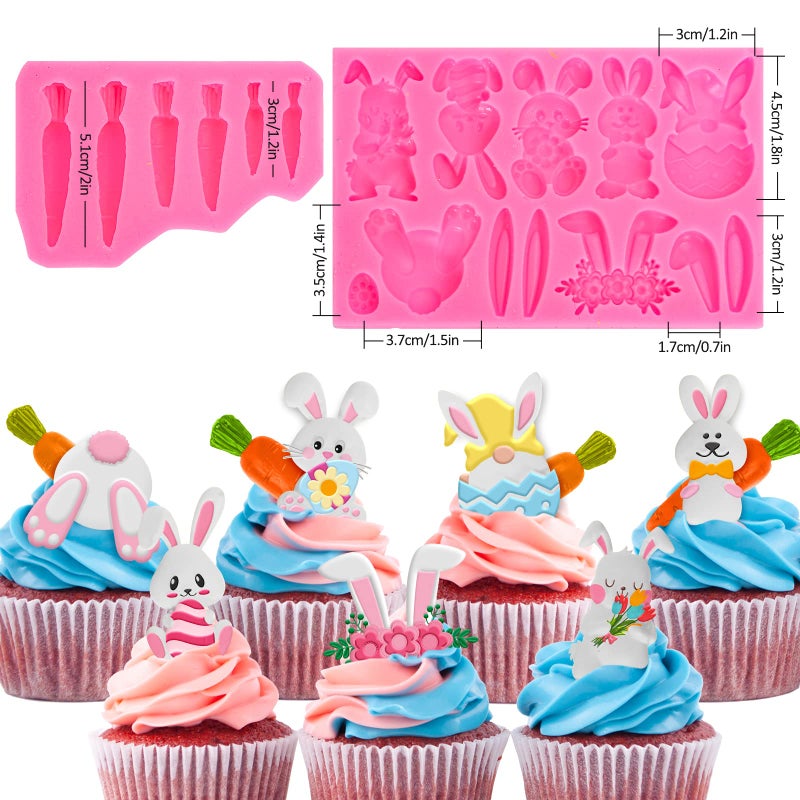 Whaline 2Pcs Easter Fondant Molds Cute Bunny Pattern 3D Silicone Moulds Assorted Rabbit Carrots Flowers Resin Molds Easter Cupcake Cookie Baking Decorating Moulds for Spring Holiday Party DIY Candy - Image 2