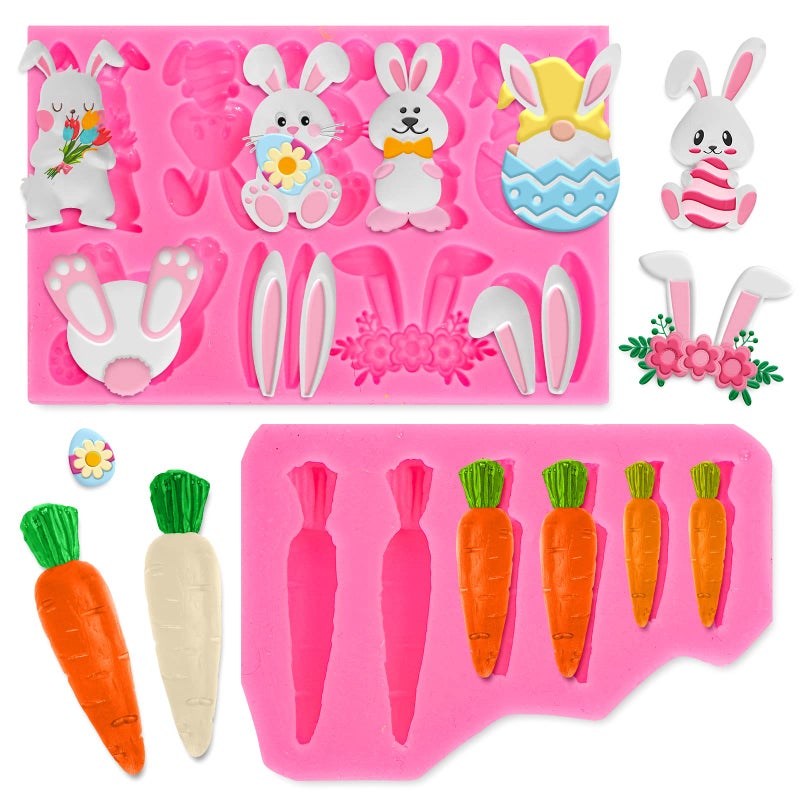 Whaline 2Pcs Easter Fondant Molds Cute Bunny Pattern 3D Silicone Moulds Assorted Rabbit Carrots Flowers Resin Molds Easter Cupcake Cookie Baking Decorating Moulds for Spring Holiday Party DIY Candy - Image 1