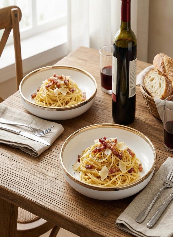 Beyond Homes Handcrafted Ceramic Pasta Bowl Set, 20 cm | Microwave & Dishwasher Safe Pasta Plates Glossy Finish | Deep Plate | Ceramic Serving Bowl, 650 ml Each (White Gold- Set of 2) - Image 2
