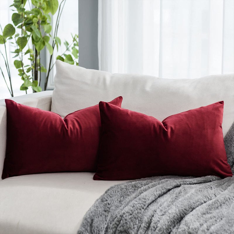 QUAFOO Red Wine Christmas Decorative Lumbar Velvet Throw Pillow Covers 12x20 inch Set of 2 with Zipper Luxury Soft Solid Rectangle Cushion Covers Case for Sofa Couch Bed Living Room