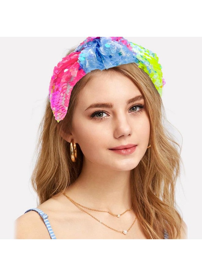 شيما 3 قطع من عصابات الرأس المصنوعة من الترتر للنساء والفتيات، عصابات رأس مزينة بعقدة علوية لامعة بألوان قوس قزح النيون، إكسسوارات شعر للأطفال والفتيات والنساء - Image 3