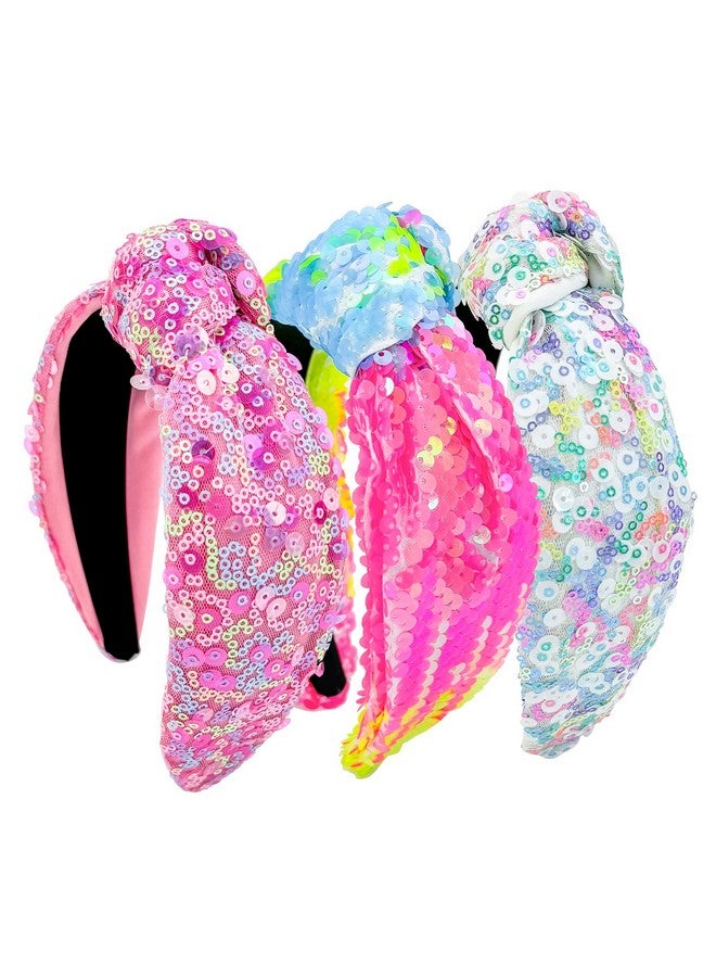شيما 3 قطع من عصابات الرأس المصنوعة من الترتر للنساء والفتيات، عصابات رأس مزينة بعقدة علوية لامعة بألوان قوس قزح النيون، إكسسوارات شعر للأطفال والفتيات والنساء - Image 1