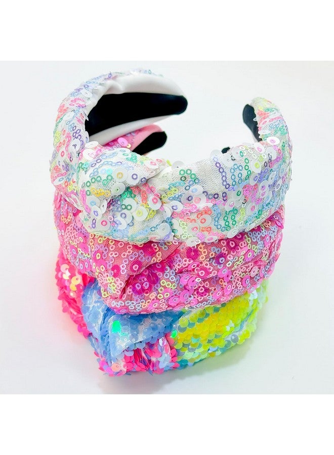 شيما 3 قطع من عصابات الرأس المصنوعة من الترتر للنساء والفتيات، عصابات رأس مزينة بعقدة علوية لامعة بألوان قوس قزح النيون، إكسسوارات شعر للأطفال والفتيات والنساء - Image 4