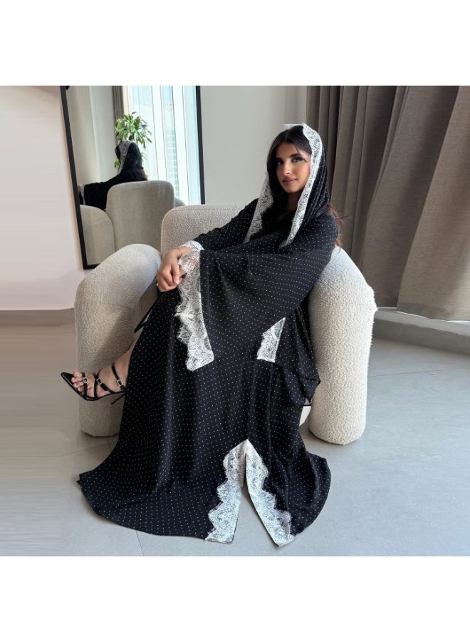 Women Polka Dot Open Abaya Set Lace Trim Wide Sleeve Long Outerwear With Hijab - Image 2