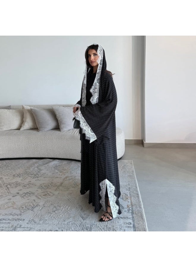Women Polka Dot Open Abaya Set Lace Trim Wide Sleeve Long Outerwear With Hijab - Image 3