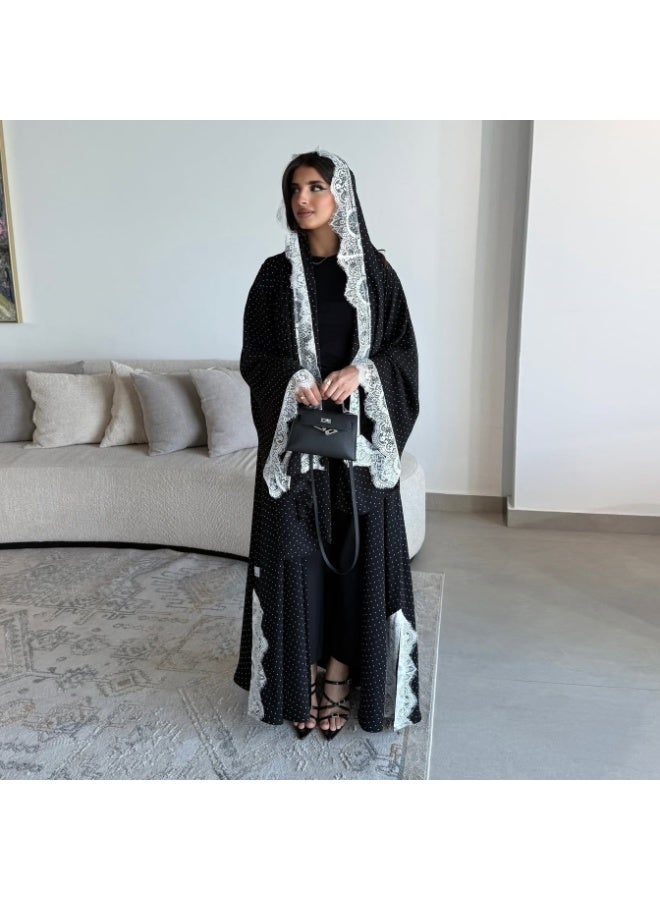Women Polka Dot Open Abaya Set Lace Trim Wide Sleeve Long Outerwear With Hijab - Image 1