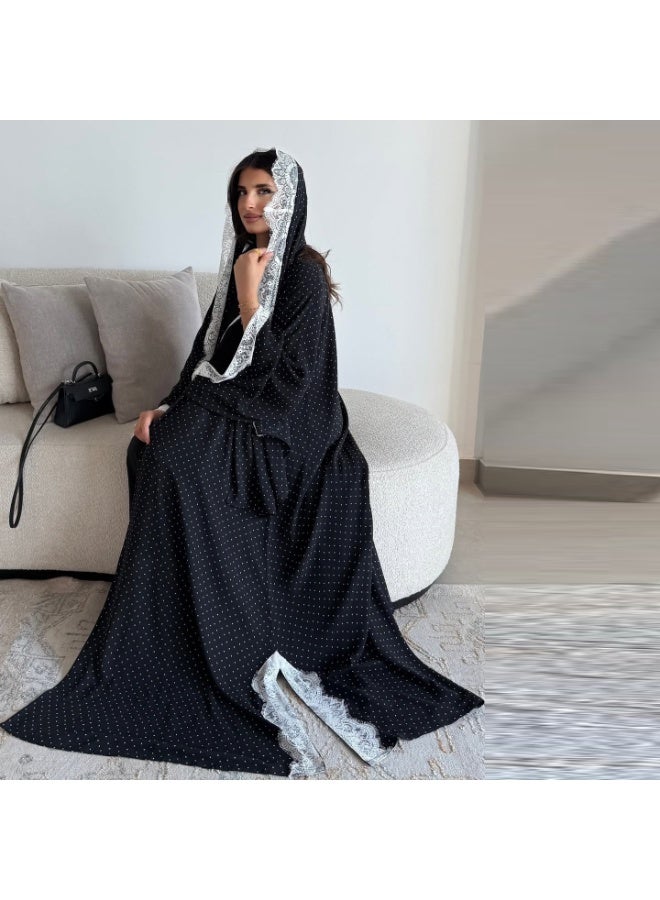 Women Polka Dot Open Abaya Set Lace Trim Wide Sleeve Long Outerwear With Hijab - Image 4