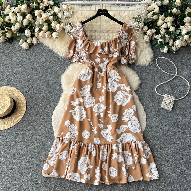 Summer ink painting printing ladies slim-fit mid-length dress womens summer rose waist-tight skirt fashion Light Card 
