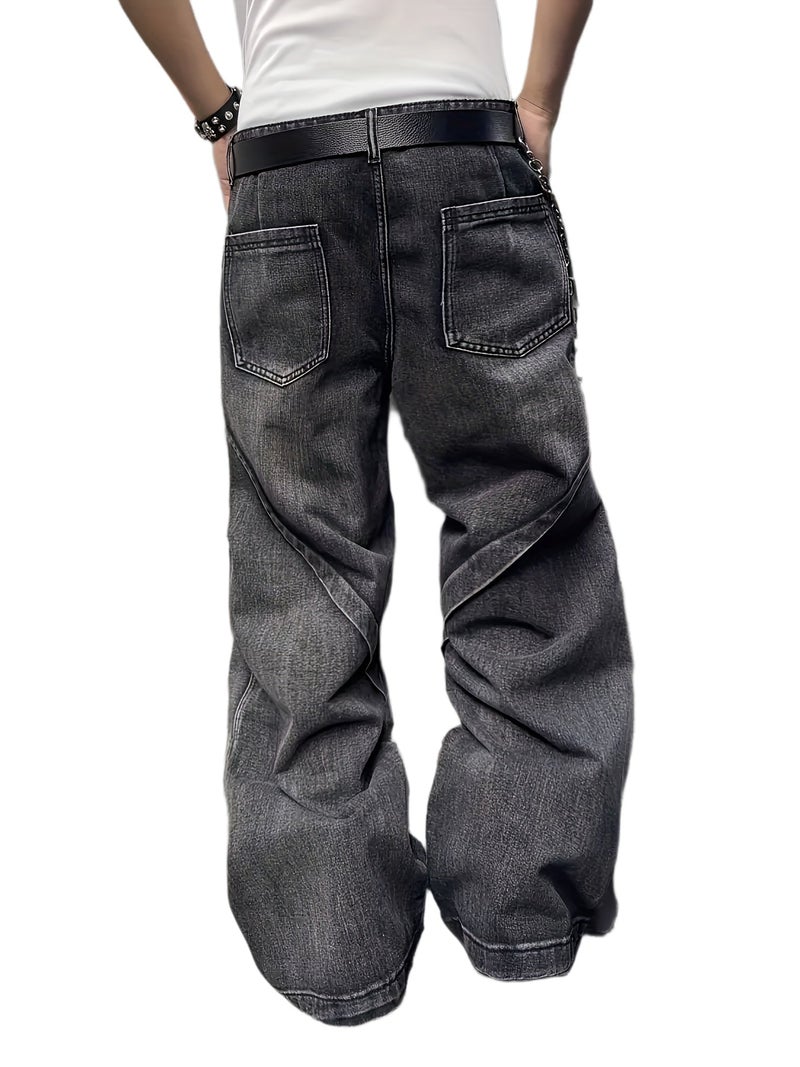 Men'S High Street Vintage-Style Long Pants Made to Look Like Faux Denim - Featuring Stretchy Faux Denim Fabric, a Loose Fit, And a Retro Washed Appearance, Suitable for Both Casual And Forma - Image 1