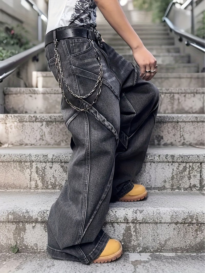 Men'S High Street Vintage-Style Long Pants Made to Look Like Faux Denim - Featuring Stretchy Faux Denim Fabric, a Loose Fit, And a Retro Washed Appearance, Suitable for Both Casual And Forma - Image 3