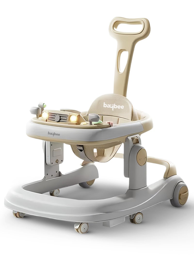 BAYBEE عربة أطفال بايبي 3 في 1 للأطفال، عربة دفع للأطفال مع مقبض دفع للوالدين، 5 ارتفاعات قابلة للتعديل، سرعة قابلة للتعديل، عربة أطفال قابلة للطي مع ضوء، صينية و عربة موسيقية للأطفال من 6 إلى 24 شهرًا، بيج - Image 1
