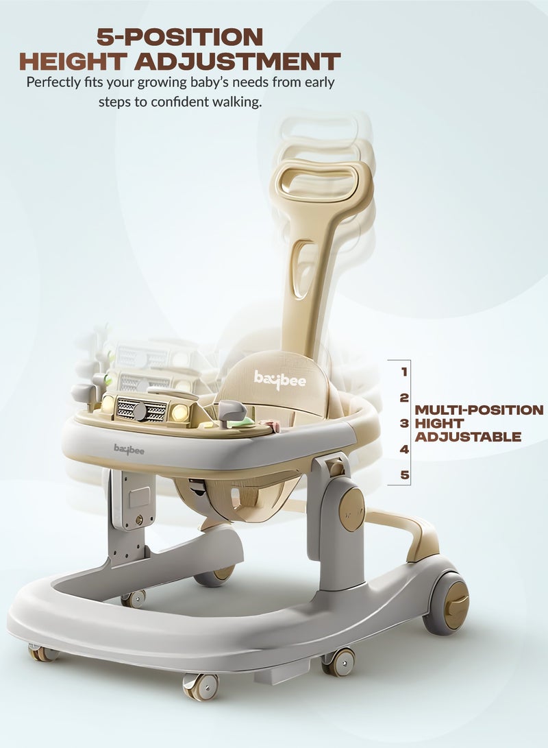 BAYBEE عربة أطفال بايبي 3 في 1 للأطفال، عربة دفع للأطفال مع مقبض دفع للوالدين، 5 ارتفاعات قابلة للتعديل، سرعة قابلة للتعديل، عربة أطفال قابلة للطي مع ضوء، صينية و عربة موسيقية للأطفال من 6 إلى 24 شهرًا، بيج - Image 3