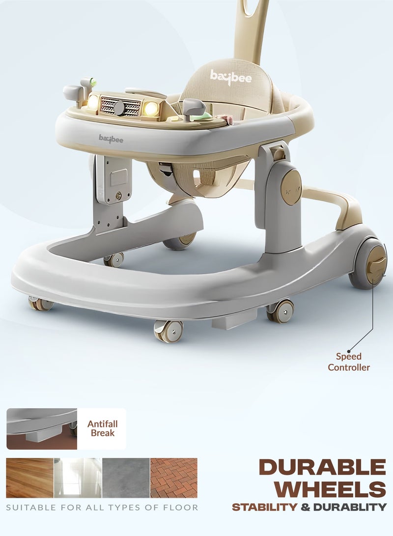 BAYBEE عربة أطفال بايبي 3 في 1 للأطفال، عربة دفع للأطفال مع مقبض دفع للوالدين، 5 ارتفاعات قابلة للتعديل، سرعة قابلة للتعديل، عربة أطفال قابلة للطي مع ضوء، صينية و عربة موسيقية للأطفال من 6 إلى 24 شهرًا، بيج - Image 5