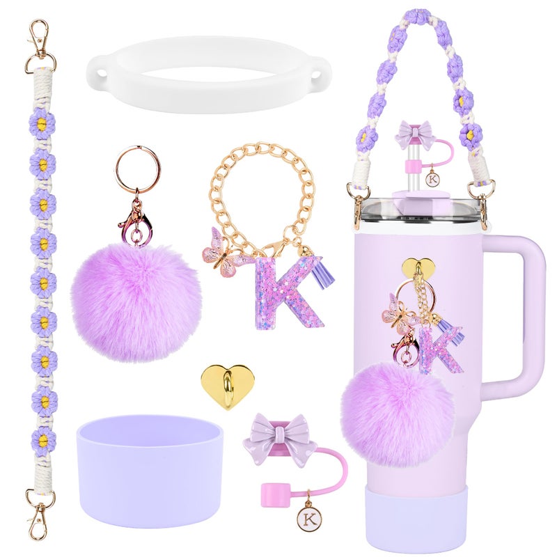 QUNNDY Stanley Cup Accessories Set 10mm Bow Straw Topper Siliocne Boot Water Bottle Handle Strap Letter Charms for Stanley Cup Straw Cover Cap Tumbler 40oz 30oz K