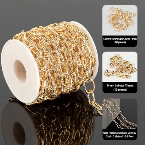 YOUBEIYEE 16.4 Feet Gold Plated Chain for Jewelry Making Embossed Oval Link Chain Lightweight Aluminum Necklace Bracelet Chain for Men and Women DIY Craft Chain Roll - Image 2