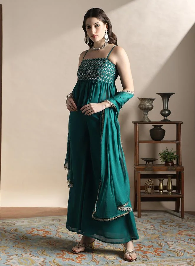 globus Teal Strappy Sequin Peplum Top with Palazzos and Dupatta Co-Ords