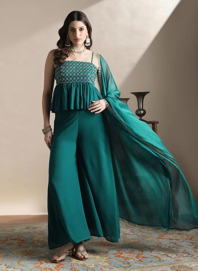 globus Teal Strappy Sequin Peplum Top with Palazzos and Dupatta Co-Ords