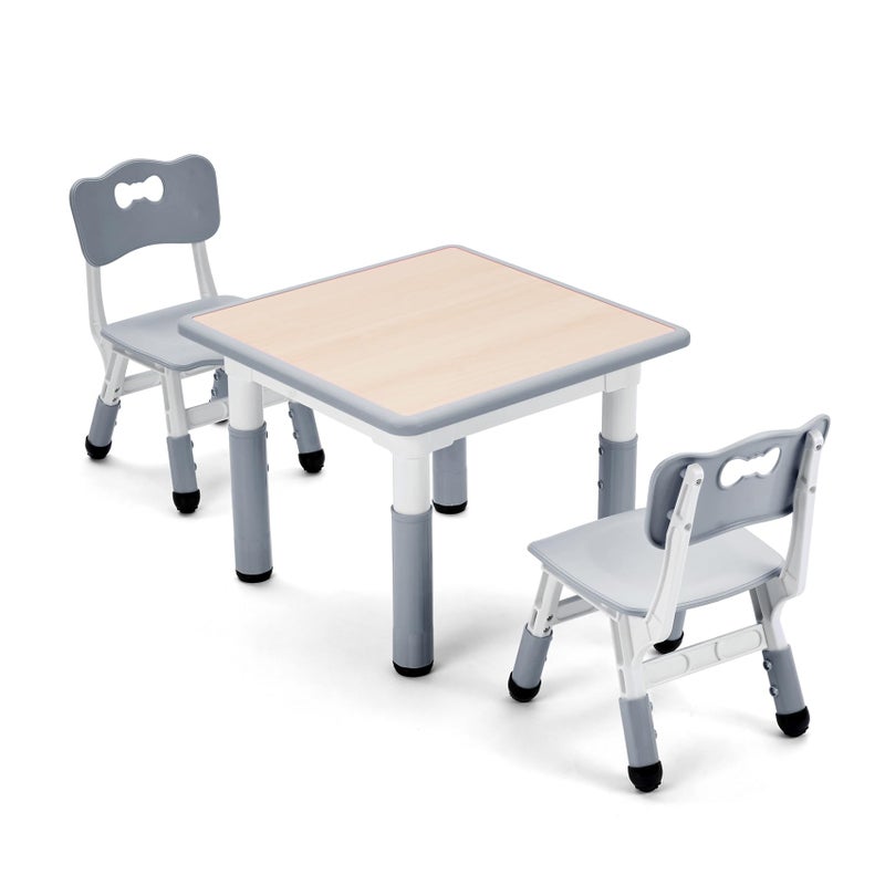 UNICOO Kids 23x23 Three Piece Study Table and Chairs Set Height Adjustable Plastic Children Art Desk with 2 Seats Kids Multipurpose Activity Table Set Maple Top with Grey Border KTTCO1