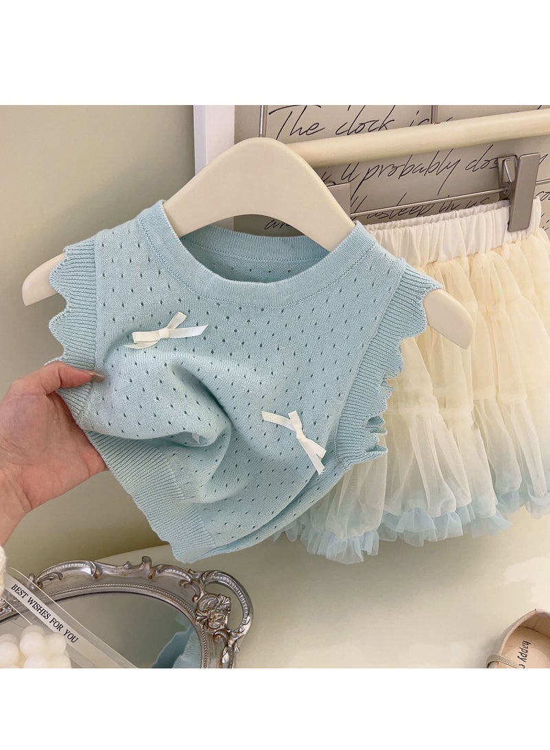 1-2Y Toddler Girl Summer Clothes 2-Piece Outfit, Knitted Vest with Tulle Skirt, Baby Girl Birthday Dress, Kids Party Outfit for Daily Wear & Photoshoot - Image 4
