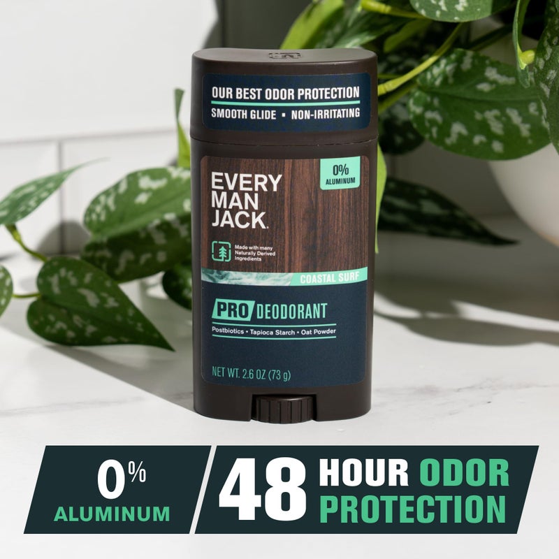 Every Man Jack Men's Pro Deodorant - 48-Hour Odor Defense Blend - Aluminum Free - Contains Postbiotics, Tapioca Stach & Oat Powder - Coastal Surf Scent - 2.6 oz - 1 Pack - Image 2