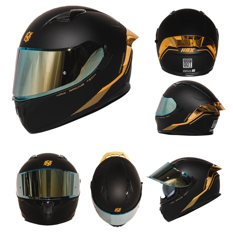HAX Obsidian Full Face Dual Visor Adult Motorcycle Helmet for Motorbike Street Bike with Pinlock Ready DOT Approved Matte Black Gold XL - Image 3