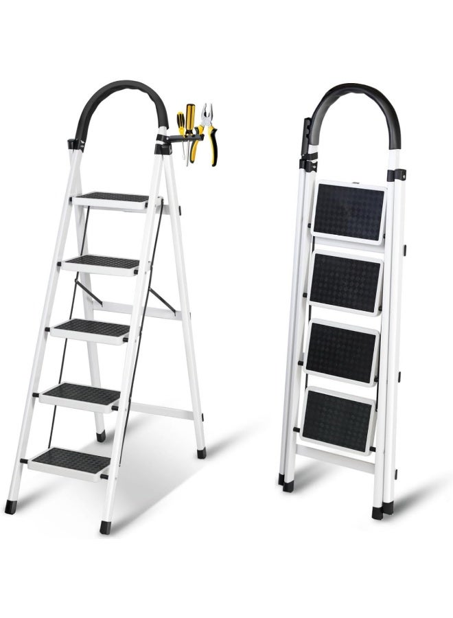 Foldable Ladder 5 Steps, Home Ladder Folding Step Stool with Wide Anti-Slip Pedal, Adults Folding Sturdy Steel Ladder for Home, Kitchen, Garden, Office