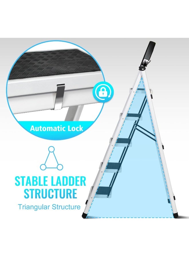 SKY-TOUCH Foldable Ladder 5 Steps, Home Ladder Folding Step Stool with Wide Anti-Slip Pedal, Adults Folding Sturdy Steel Ladder for Home, Kitchen, Garden, Office  - Image 5
